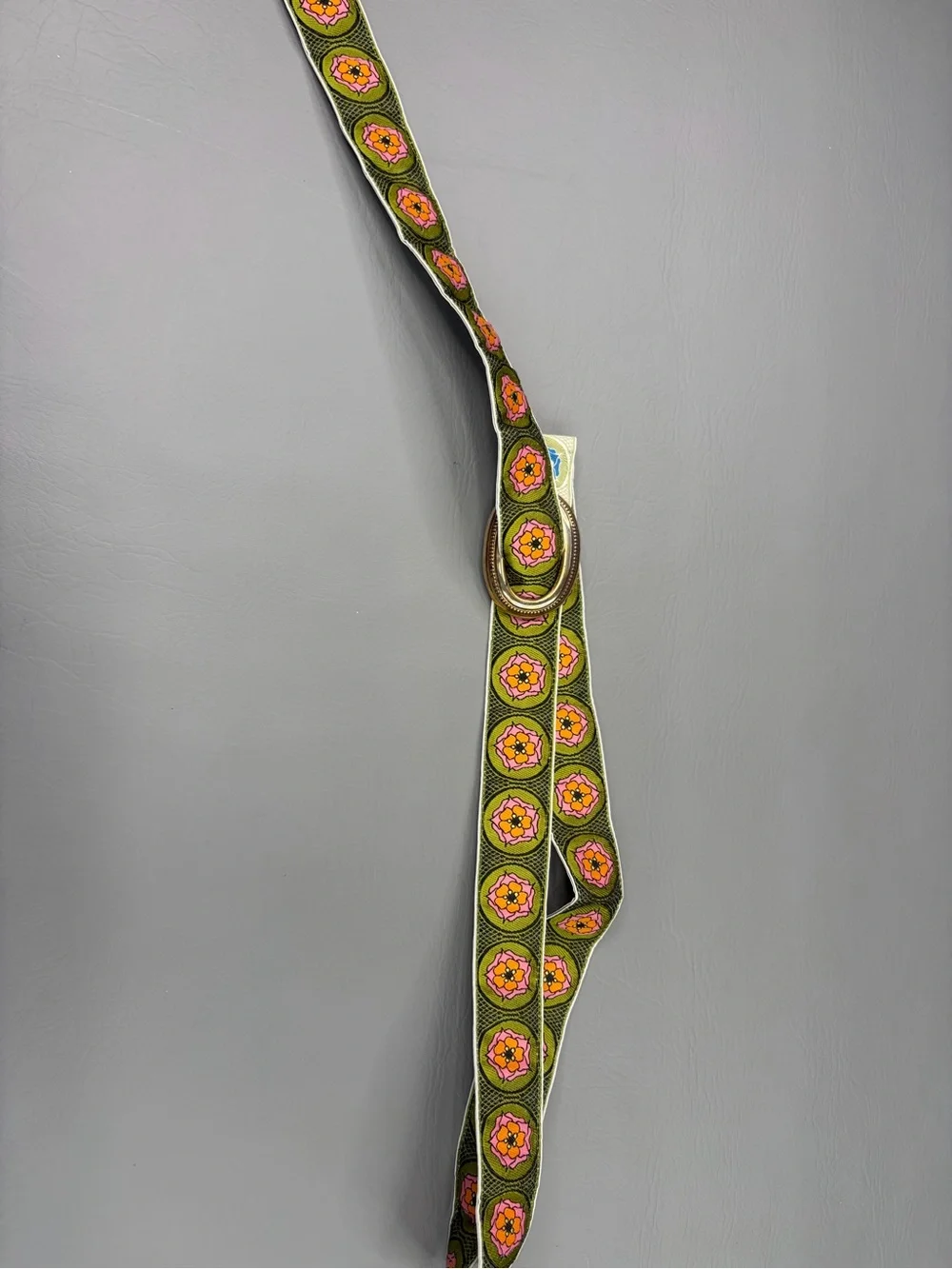 Eliza B vintage able. XL. Olive Green Floral Woven Ribbon Belt with Metal Ring